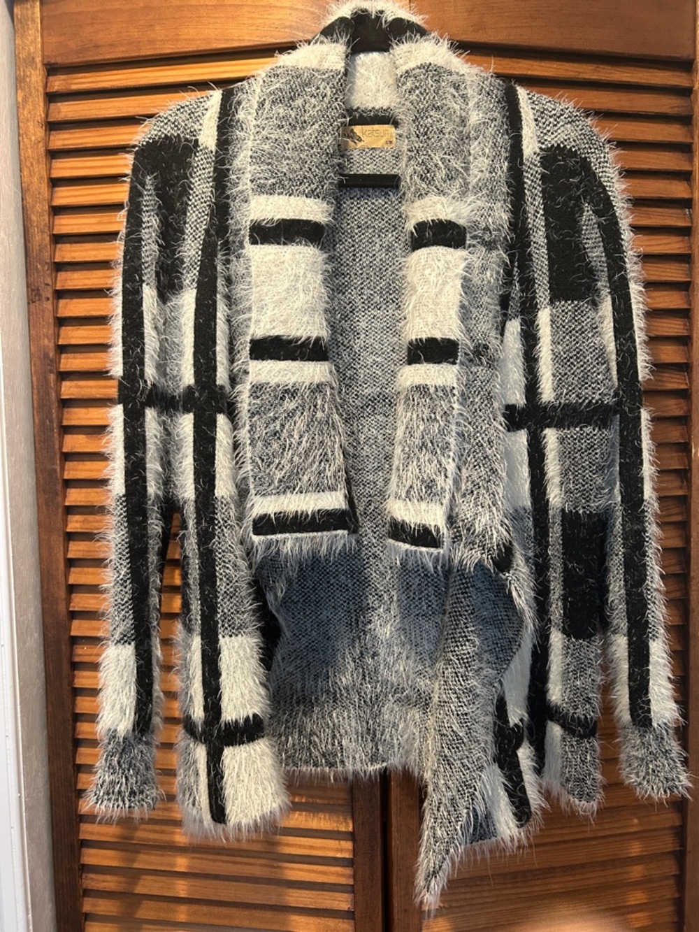 Fuzzy Black & White Open-Front Plaid Cardigan